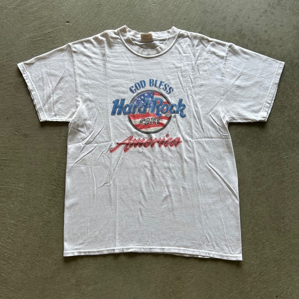 Vintage 90s Hard Rock Cafe Shirt Size Large White God Bless America USA Flag